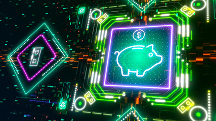Futuristic economics symbol. Digital piggy bank. Glow neon glitch background