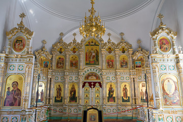 Fototapeta na wymiar The Island Of Valaam. Iconostasis of the upper hall of the resurrection Church.