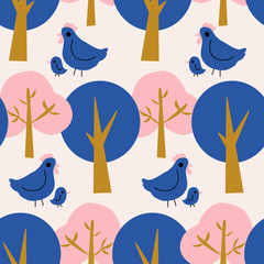 Cute chicken and colorful trees in a seamless pattern design