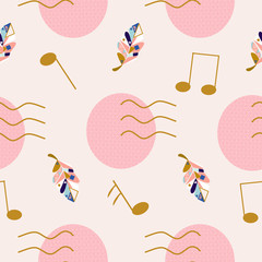 Cute pattern with geometric elements, music notes and colorful leaves
