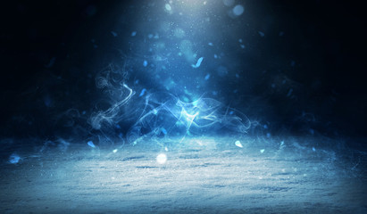 Winter abstract, blurred background with bokeh. Blurry night city lights in reflection on a snowy road. Neon light, falling snow, snowflakes. - obrazy, fototapety, plakaty