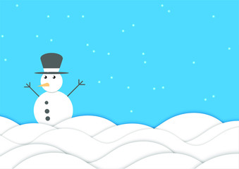 flat design. cute snowman under snow falling with paper cut snow, isolated blue background