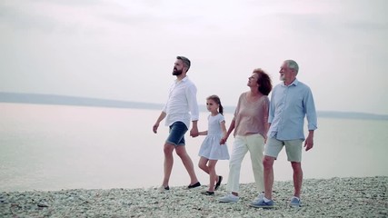 A multigeneration family on a holiday walking by the lake, holding hands.