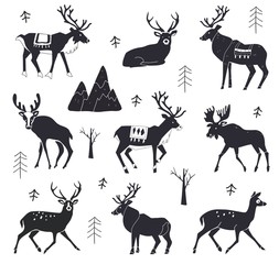 Set of reindeer silhouettes. Vector illustration isolated on a white background. Forest animals. Christmas animals. illustration of elk. © nadia1992