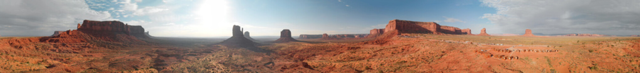 Aerial panoramic view of Monument Valley National Park at summer sunset, United States