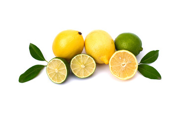 Lime and limon on a white background. Whole and halves limes isolated on white background. Yellow lemon with lime on isolated background. Full depth of field.