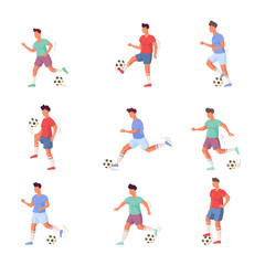 Fototapeta na wymiar Set of football or soccer player characters in different actions. Vector illustration in flat cartoon style.