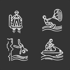 Watersports chalk icons set. Flyboarding, kiteboarding, cliff diving and jetskiing. Extreme kinds of sport. Summer vacation adventure. Ocean beach leisure. Isolated vector chalkboard illustrations