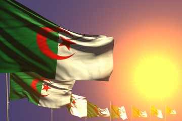 pretty any holiday flag 3d illustration. - many Algeria flags placed diagonal on sunset with place for your text