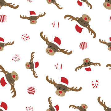 Happy Christmas moose seamless pattern. Animal cartoon holidays background. Wildlife character. Christmas wrapping. Background Wallpaper.