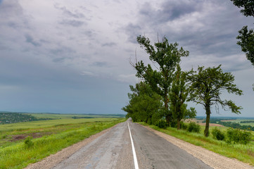 Stright road through the meadows in the cloudy day