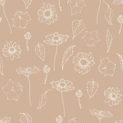 Seamless pattern with white contour flowers and leaves on a brown background. Chamomiles and bells. For wrapping paper, textile, wallpapers, print, greeting. Vector illustration.