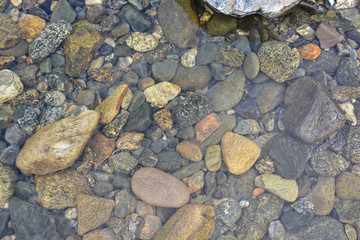 Background of shiny pebbles on the river bottom.