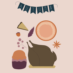 Vector illustration with turkey, pie and pumpkin gem