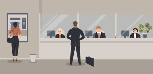 Obraz premium Bank office interior:Bank clerks sit behind barrier with glass, ATM or cash machine,bin.Elegant interior financial institution. Hall with bank counter with plant monstera in pot. Vector illustration