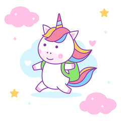 Obraz na płótnie Canvas Cute unicorn ready go to school costume perfect for kids fabric and greeting cards.