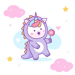 Cute unicorn wearing dinosaur costume perfect for kids fabric and greeting cards.