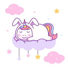 Sleeping unicorn in rabbit costume vector illustration perfect for kids fabric and greeting cards.
