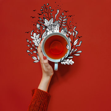 Autumn cup of hot tea