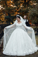 Amazing couple, happy bride and groom after wedding ceremony. Newlyweds are walking in the park. Wedding couple in autumn. Pretty bride and stylish groom. The bride plays with a veil