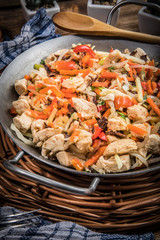 Fried chicken pieces with vegetables.