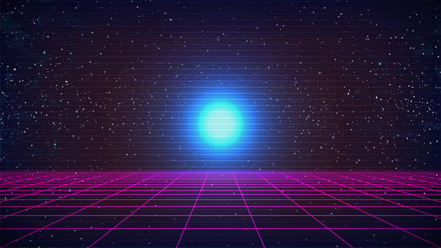 Synthwave Retro Future Background. Pink Perspective Grid. Starry sky. Bright blue Sphere, Planet or Sun. Horizontal old TV lines effect. Flyer, banner or poster template. Stock vector illustration