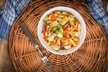 Fried chicken pieces with vegetables.