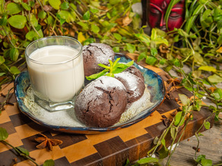 Delicious chocolate muffins sprinkled with powdered sugar and a glass of milk