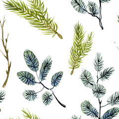 Watercolor seamless blue pattern of pine branch and Christmas tree branch . Hand drawn illustration on the white background