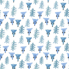 Obraz premium Watercolor seamless blue pattern of Christmas tree and mouse. Hand drawn illustration on the white background