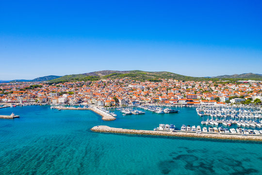 Town of Vodice and amazing turquoise coastline on Adriatic coast, aerial view, Croatia
