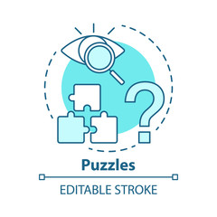 Puzzles concept icon. Quest game idea thin line illustration. Looking for answer, clues. Jigsaw parts. Solving problem, searching solution. Vector isolated outline drawing. Editable stroke