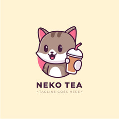 Cute cat showing tea cup, vector mascot logo illustration
