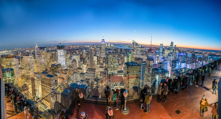 NEW YORK CITY - DECEMBER 7, 2018: Panoramic sunset aerial view of Midtown and Downtown. Hudson...