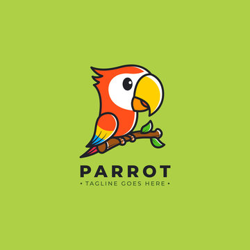 Cute colorful Parrot perch on branch, vector logo illustration