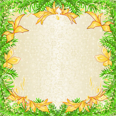 Fototapeta na wymiar Christmas and New Year decoration frame golden poinsettia and golden leaves and fir tree branches and golden snowflakes vintage vector illustration editable hand draw