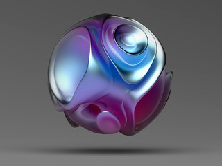 A neon disco 3d render of an irregular round shape purple, glossy, soft, smooth textured round shape bright colored sphere on gray background