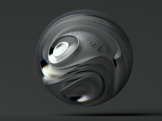 3d render of glass sphere, inside organic curved form based on round smooth lines shapes as core object in glossy and matte aluminum and silver metal on dark grey background