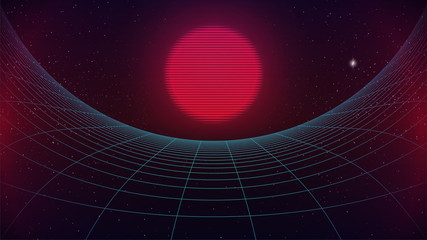 Synthwave background. Sci-fi Sunset over curved wireframe landscape. Blue perspective grid with pink Sun, Planet or sphere. Retro future flyer, banner or poster template. Stock vector illustration