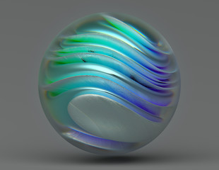 A glass 3d render of a blue and green smooth, wavy and curvy texture of the round shape sphere, metal texture gravity ball floating on a gray background.