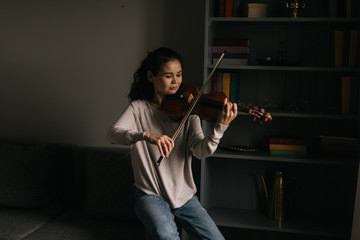 Beautiful young woman violinist plays the violin at home, sitting on the couch