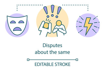 Disputes about same concept icon. Different opinions, matter of perspective idea thin line illustration. Tragedy mask, arguing people and lightning vector isolated outline drawing. Editable stroke