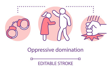 Oppressive domination concept icon. Abusive relationship, family problem idea thin line illustration. Handcuffs, fighting couple and striking fist vector isolated outline drawing. Editable stroke