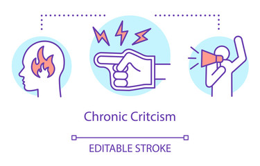 Chronic criticism concept icon. Relationship trouble, constant complaining idea thin line illustration. Pointing finger and person with megaphone vector isolated outline drawing. Editable stroke