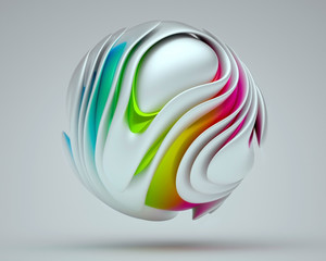 3d Render of a smooth and glossy textured round shape organic 3d ball.. Bright colors layered 3d design, glossy colorful plastic material, rainbow colored gravity sphere on a gray background