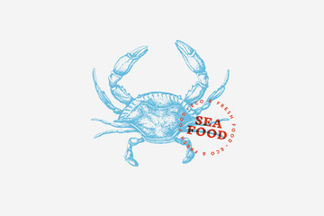 Image of blue crab, drawn by graphic lines on light background. Retro picture for menu of fish restaurants, markets and shops. Vector illustration of vintage engraving.