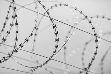Shallow depth of field (selective focus) and filtered image with a razor wire on the outside wall of a governmental institution on a cloudy day. - obrazy, fototapety, plakaty