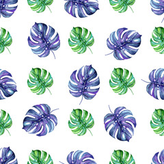 Fototapeta na wymiar Watercolor seamless pattern with blue and green tropical leaves isolated on white background. Hand painted illustration. Monstera print.