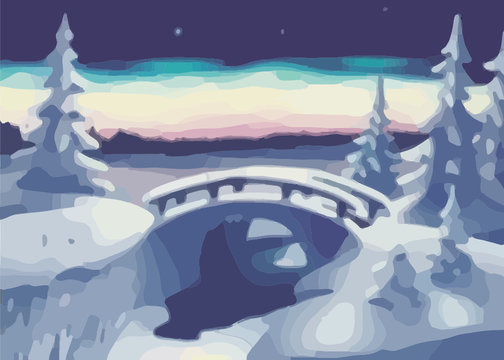 winter landscape with bridge and fir trees