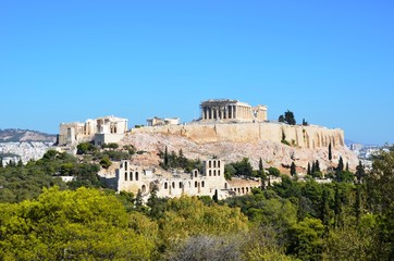 Fototapeta na wymiar Athens, Greece, 10.27.2019. Athenian Acropolis on the hill - world heritage site. Religious buildings of ancient times. 